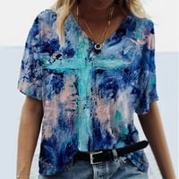 Ženski kratki rukav V izrez cvjetni ispis bluza na vrhu casual labavog majica Sky Blue s