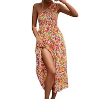 Ženska ljetna cvjetna haljina jedna ramena haljina bez rukava ruffled Flowy haljina Bohemian Maxi haljina