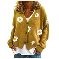 Hanzidakd ženski kardigan džemperi padaju i zimski dugi rukav V-izrez pamuk od tiskanog kardigana žuto