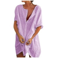 Casual posteljine majice za žene u trendy Solid Color s kratkim rukavima dolje V izrez Pulover Thirt