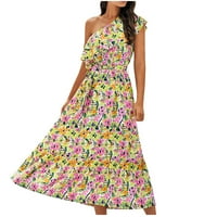 Fjofpr Ljetne haljine za žene cvjetne tiskane haljine jedno rame bez rukava na plaži A-line haljine
