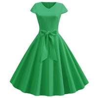 Zeleni ženski vintage kratki rukav čvrsti bolovni luk rub vitka tanka vintage haljina m