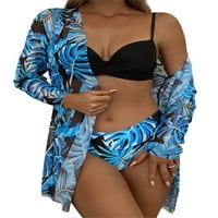 Multitrast Women Ljetni bikini, Mresi od punog V-izrez + cvijet Ispis niskog struka Thong + Cardigan