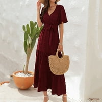 Ženska haljina kratki rukav V izrez visoki struk kaiš žene Slatka ulična odjeća Trendy Comfy Beach stil