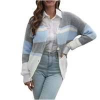 HFYIHGF Ženski prugasti blok Cardigan džemper s dugim rukavima Otvoreni prednji gumb dolje V-izrez Knokiranje
