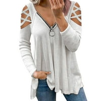 Prevelike majice za žene Solid Boja V-izrez dugih rukava modni ovratnik zipper preklopi ležerne bluza
