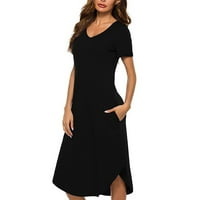 Ženske oblače srednje duljine cvjetni sa džepom V-izrez A-line kratkih rukava crna m