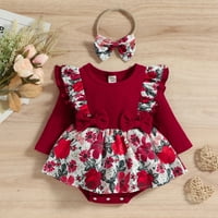 Girls ROMPER RUFFLES s dugih rukava s rebrastim cvjetnim printovima Bowknot Romper Bodysuits Set haljina