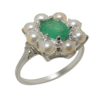 Britanci izrađeni sterling srebrni prirodni smaragdni i kultivirani biserni ženski prsten od perla -