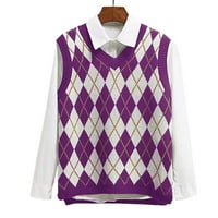 Ybenlow Women V izrez Pleteni džemper Vest Argyle Plaid Preppy Style bez rukava Klintni odjeća Slatki