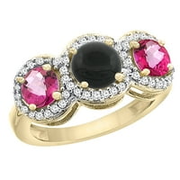 14k žuto zlato prirodna crna boja i ružičasta Topaz bočne kolu okrugli 3-kameni prsten dijamantski akcenti,