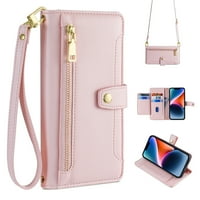 Case sa zatvaračem za Samsung Galaxy A 5G sa slotovima sa karticama Zipper Pocket Chickstand Crossbody na ramenu na ramenu ručni remen Premium kožna novčanica torbica, ružičasta
