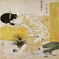 Majka dozing dok njeno dijete svlači ribu posudu za plakat s Kitagawa Utamaro