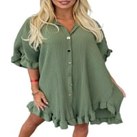 Dame bluza s kratkim rukavima mini haljina reverske majice za vrat haljine žene casual party vojna zelena