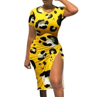 Plus veličina haljine za žene posade izrez Leopard Print kratkih rukava midi haljine žuti s