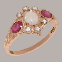 Britanska napravljena od 10k Rose Gold Prirodni Opal Ruby Diamond Ženski prsten - Opcije veličine -