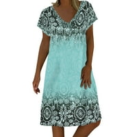 Ljetne haljine za žene tiskane V-izrez A-line kratki seksi kratki rukav Datum Dress Blue XXL