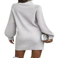 Niuer Dame Mini haljine dugih rukava džemper dress baš pulover u boji, ležerni visoki vrat bijeli l