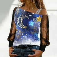 Koaiezne ženske modne print hladno rame majica mreža dugih rukava s velikim rukavima, majice s dugim