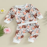 Toddler Western Baby Girl Odjeća za jesen savladaju cvijet Zapadna krava Print Dukserice hlače pada odjeća
