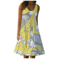 Ljetne haljine za žene okrugli izrez Labavi cvjetni duljina koljena line datuma bez rukava žuti xl
