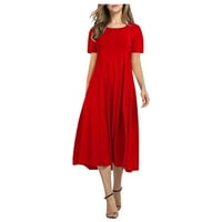 Ljetne haljine za žene kratki rukav A-line srednje dužine slobodno vrijeme okruglo dekolte od pune haljine crvena 3xl