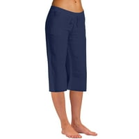 Navedene ženske hlače Čvrsto pamučne posteljine od posteljine elastične struke Široke pantalone za nogu obrezane pantalone posteljine za žene