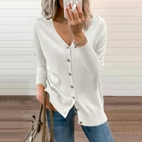 Ljetni vrhovi za žensku tipku pulover V-izrez s dugim rukavima, bijeli 2xl