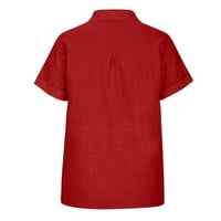Dugme dolje majice za ženska posteljina čvrsta boja kratkih rukava V Vreći na vratu s džepom crvene