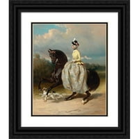 Alfred de dreu Crna ukrašena drvna drveta uokvirena dvostruki matted muzej umjetnički print pod nazivom - Žena u kostimu Marie Antoinette na čamljenom konju