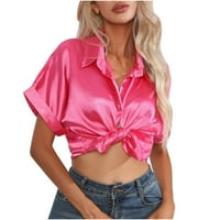 Ženska majica s kratkim rukavima sa satenom simulacijom simulacije svilene majice kratkih rukava s kratkim rukavima V-izrez košulja vruće ružičaste