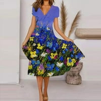 Haljine za žene kratki rukav A-linijski duljina koljena Ležerna V-izrez cvjetna ljetna haljina Royal Blue XL