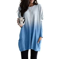 Bazyrey džemper izrez Loose ženske dugih rukava plus veličine okrugli vrat Ležerne majica patchwork tunic vrhovi plavi, l