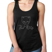 Ženska majica Rhinestone Bling Black Tee Bad Kitty Face Cat Sparkle Rezervoar za rezervoar Povratak