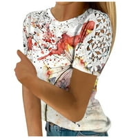 Feterrnal ženska čipka šuplje tiska Okrugli vrat majica s kratkim rukavima Top Dressy Bluze za žene