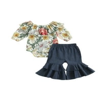 Qiylii Baby Girl Outfits, cvjetni print ruffle romper + flare hlače, 0-18m