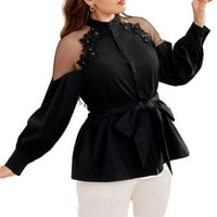 Ženska crna obična ovratnica Elegantne bluze dugih rukava plus veličine