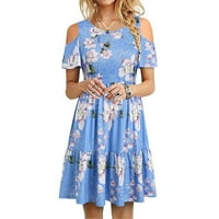 Ljetne haljine za žene kratki rukav A-line mini slatki okrugli dekolte otisnuta dnevna haljina plavi