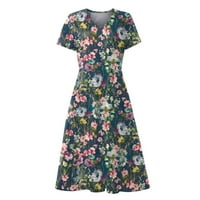 Cleariance Ljetne haljine za žene s kratkim rukavima odštampana casual srednje dužine A-line V-izrez