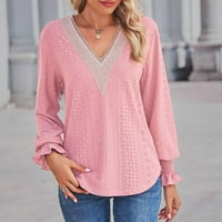 Scyoekwg ženski pad trendy dugih rukava lagana labava fit bluza casud pune boje elegantne V-izrez Crochet