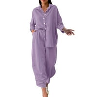 IOPQO saloni za žene Dva ljeta Žene Retro Plus size Pamuk i košulja Visoki struk Slabeni odijelo Top hlače Dugih rukava Teretne hlače Žene Purple XL