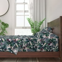 pamučni listovi, Twin Set - Tropska smaragdna džungla hladne tonove obojene lišće ljubičaste savremene rajske botaničke monstera Print posteljinu po sobi popločani