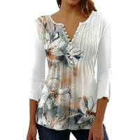 Qcmgmg majice za žene Trendi ljetni cvjetni tunici Henley Pleated rukava Classic Fit Flowy bluza Crna