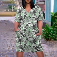 Ženska ljetna moda Tanak Ispis V-izrez džep kratkih rukava Velika haljina mint zelena xl