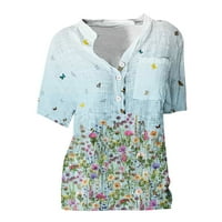 Cuoff bluze za žene ljetne majice kratkih rukava za casual gumb V izrez Loseo Fit Comfy pamučne posteljine cvjetne sitne košulje Ženske vrhove plave 1x