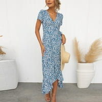 Ljetne haljine za prodaju za žene za žene s kratkim rukavima za tisak cvjetnog uzorka V-izrez Maxi Loose