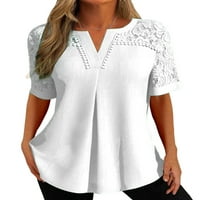 Čvrsta boja V-izrez čipka šuplje ženska bluza s kratkim rukavima