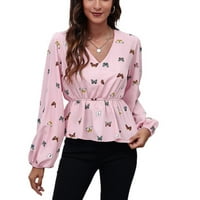 JDLSPPL ženska bluza s dugim rukavima V Vrući izrez Šifonski seljak Rad slatko ljeto Visoka rušena bluza majica uzorki