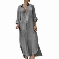 Lenago ženska maxi haljina plus veličina modna polovina rukava od punog gumba lana labava majica duga