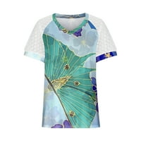 Sksloeg ženska bluza Mreža leptira tiskane vrhove majice kratkih rukava Vruće V izrez Sheer Loot Fit